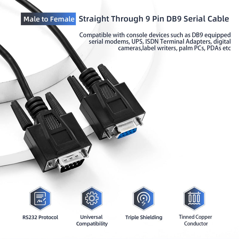 Straight Through DB9 RS232 Serial Cable, 6ft Male to Female 9 Pin Straight Through Extension Cable DB9 Male to Femal-6ft