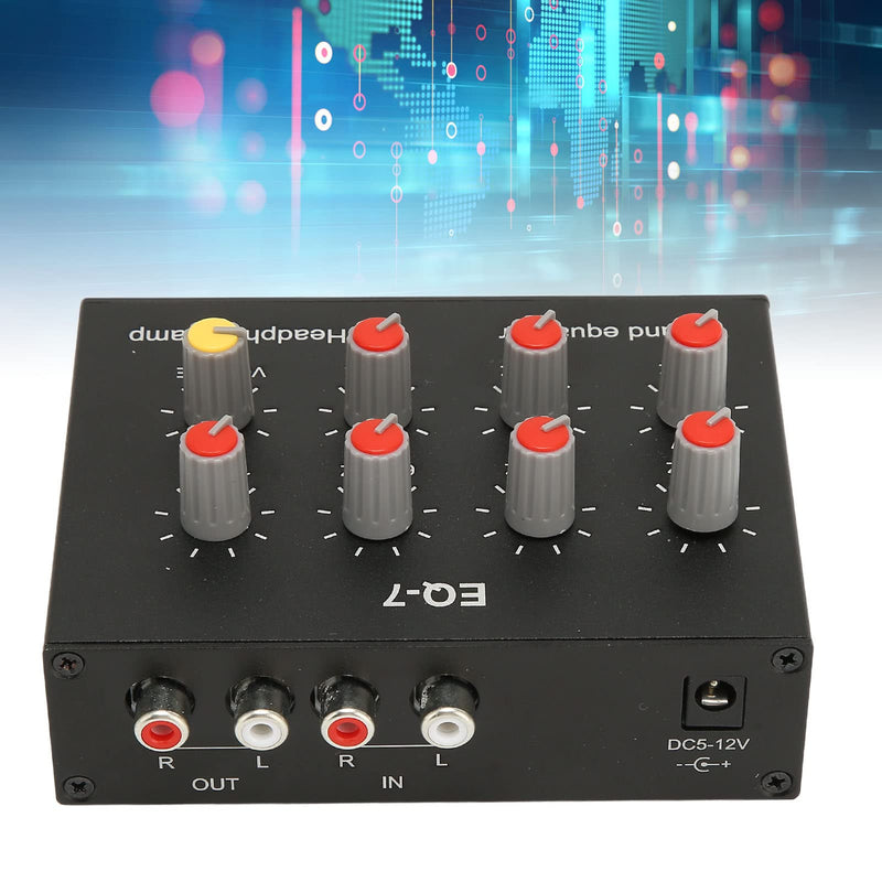 7 Band Sound Equalizer, Output Input, 12dB High Bass Adjustment, Two channel Digital Equalizer, 3.5mm Interface, for Recording, Streaming, Podcasting