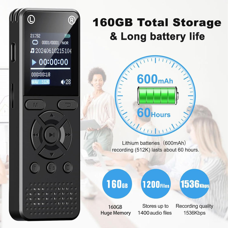 [AUSTRALIA] - 160GB Digital Voice Recorder, Portable Audio Recorder with Built-in Speaker, Voice Activated, WAV, A/B Repeat & Password Protection – Ideal for Meetings, Lectures & Interviews 
