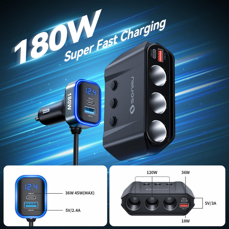 7 in 1 Cigarette Lighter Splitter,SONRU 180W (Max 192W) Car Charger Adapter | Dual PD 36W/QC3.0,24V/12V 3-Sockets Fast Charge for iPhone GPS Dash Cam Car Accessories,Independent Switch Voltage Display black1