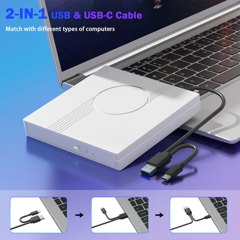 Wbacon External CD/DVD Drive for Laptop, RGB & USB 3.0 Type-C CD DVD Burner | External CD DVD Player +/-RW Optical Disc Drive, Slim CD ROM External Drive for Laptop Desktop PC Windows Mac (White) White