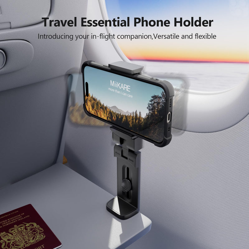 MiiKARE Airplane Travel Essentials Phone Holder, Universal Handsfree Phone Mount for Flying with 360 Degree Rotation, Accessory for Airplane, Travel Must Haves Phone Stand for Desk, Tray Table Black 1 Unit