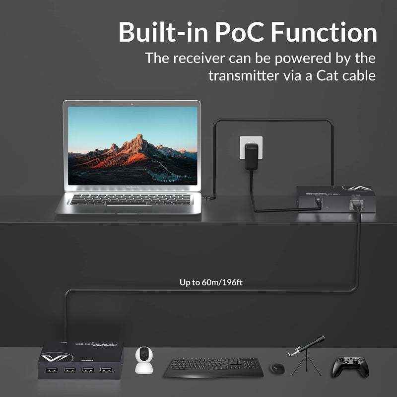 AV Access USB Extender Power Over Cable Cat5e/6/6a/7 up to 196ft/60m | 4 Ports USB 2.0 Extender Over Ethernet, Plug and Play, Supports All Operating System(Power on TX Side)