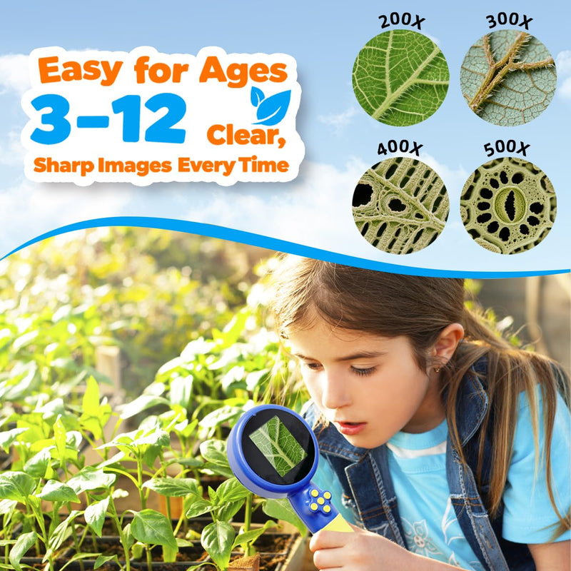 Kids Microscope with Bug Catcher Kit, 1080P Digital Mini Handheld Microscope STEM Science Toy with LED Light, Rechargeable, Portable, Supports 64GB TF Card, Educational Gift for Kids Ages 3-12 (Blue) Blue