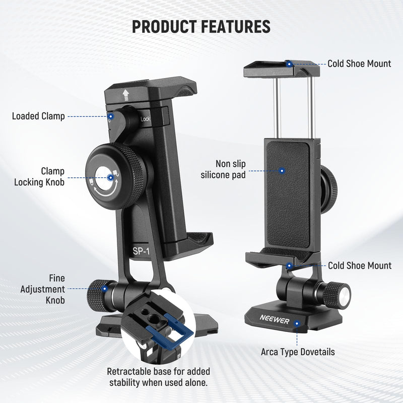 Neewer Phone Tripod Mount Adapter with Arca Type QR Base, Cold Shoe, 1/4" 3/8" Holes, 360° Swivel 180° Tilt, Phone Holder Compatible with iPhone Samsung Arca Swiss DJI RS 4 Pro 3 2 Stabilizer, SP-18