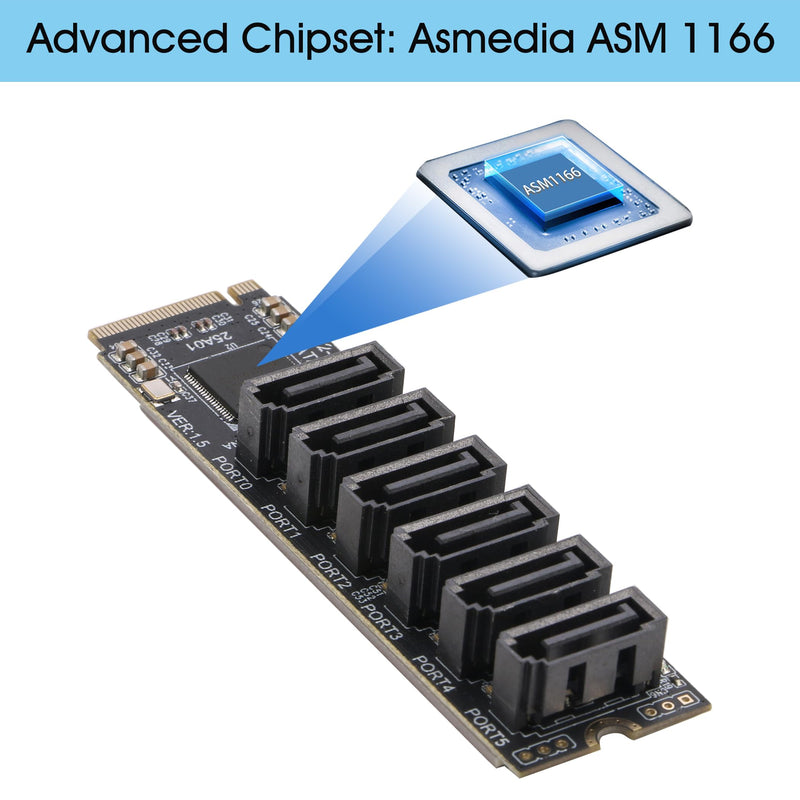 M.2 to SATA Adapter [6-Port], M2 NVMe to SATA 3.0 Card ASM1166 Chipset with Aluminum Housing for SSD/HDD up to 6Gbps Red