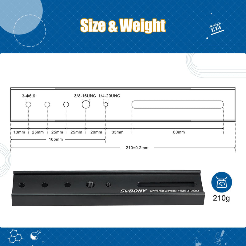 SVBONY SV219 Dovetail Mount Plate, 210mm 8.26 inches Universal Dovetail Plate Compatible with Vixen Dovetail Saddles, Telescope Accessories for OTA Equatorial Tripod Sky Astrophotography