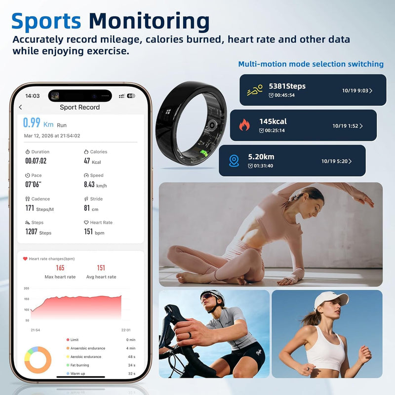 Ceramic Smart Ring Health & Fitness Tracker for Men & Women(Black, #7) | Heart Rate & Sleep & Activity Monitoring, Long Lasting Battery, IP68 Waterproof Ring for iOS & Android, No Subscription Fee Black