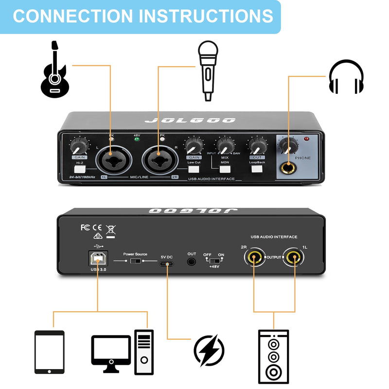 USB Audio Interface for Recording Music, 24-Bit/192kHz, Plug and Play Audio Interface for PC, Mac, and Smartphone – Low Latency, XLR/Line In, Headphone Out
