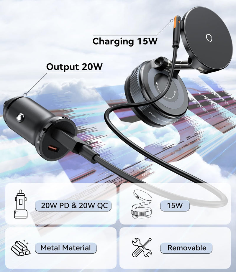 15W for MagSafe Car Mount Charger, Magnetic Wireless Car Phone Holder for iPhone 17 16 15 14 13 12 Pro Max, 360° Adjustable iPhone Charger for Car with USB C Car Charger Adapter Car Charger Mount With Adapter