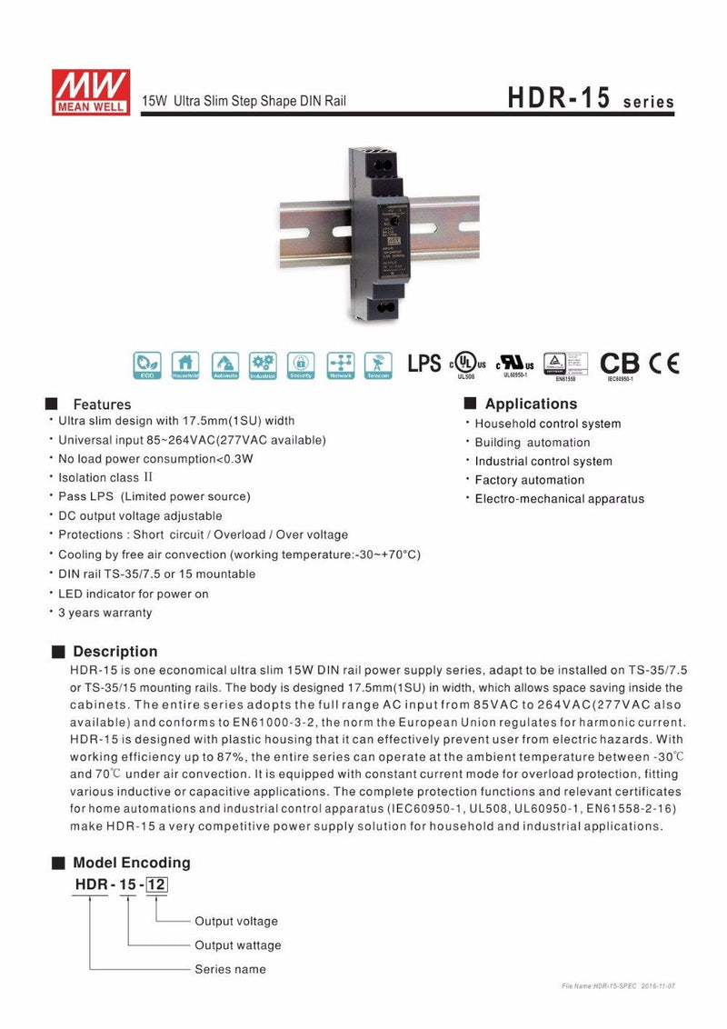 MEAN WELL Ultra Slim Step-Shape 1SU DIN Rail Power Supply, 12V 1.25A 15W - HDR-15-12