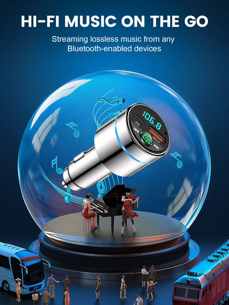 FM Transmitter for Car Bluetooth 5.3, [All-Metal] PD 30W & QC3.0 18W Fast Car Charger, Wireless FM Radio Car Kit Bluetooth Car Adapter, Noise Cancelling Hands-Free Call, Blue Light - Silver