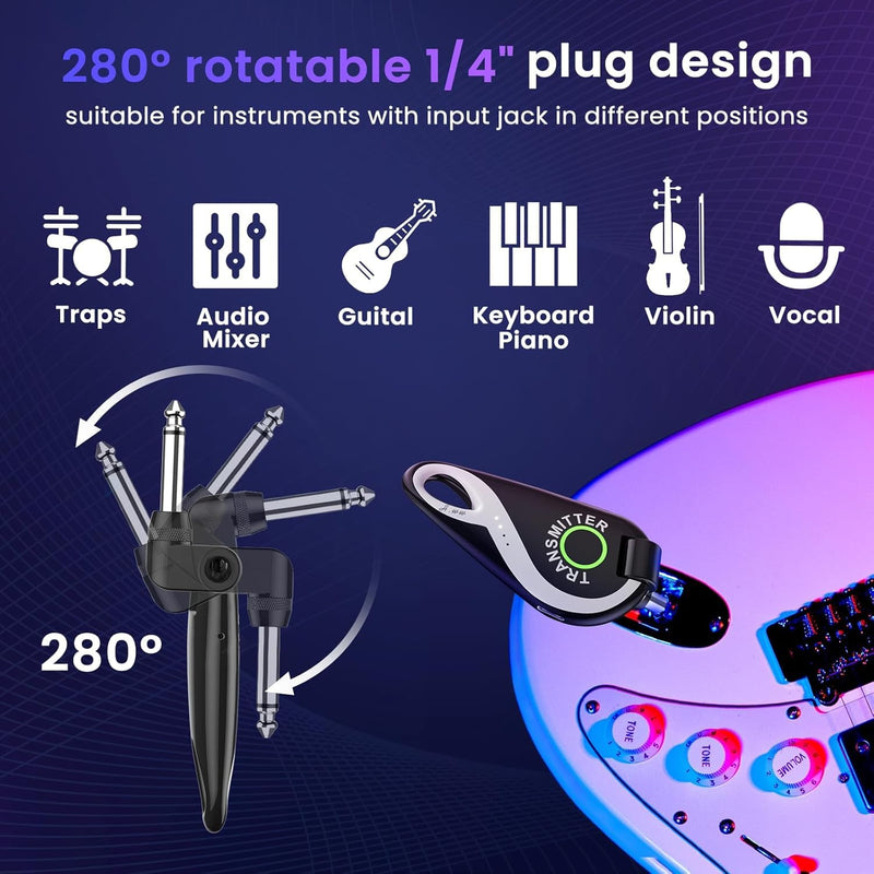 Wireless Guitar System 2.4 GHz, Professional Starter Rechargeable Audio Wireless Guitar Transmitter Receiver for Guitar, Bass, Electronic Instruments (H1)