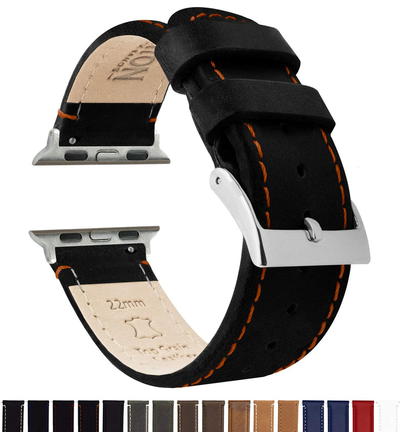 BARTON WATCH BANDS - Top Grain Leather Watch Bands Compatible with Apple Watch Models - 1, 2, 3, 4, 5, 6, 7, 8, 9, 10, SE, Ultra & Ultra 2 38 mm/40 mm/41 mm Black Leather / Orange Stitching