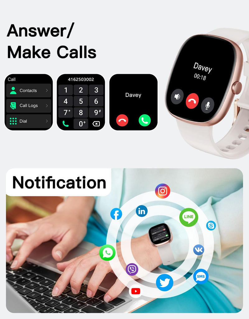 Fitness Tracker with Call Function, 1.85” Fitness Watch for Women and Men, 24/7 Heart Rate & Blood Oxygen Monitor, Sleep Tracker, 100+ Sport Modes, IP68 Waterproof (Starlight)