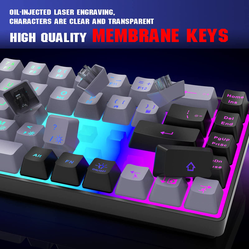 Snpurdiri 60% Gaming Keyboard,RGB Compact Mini Keyboard,Wired Computer Membrane Keyboard for Windows PC Gamers(68 Keys,Grey -Black) Grey Black