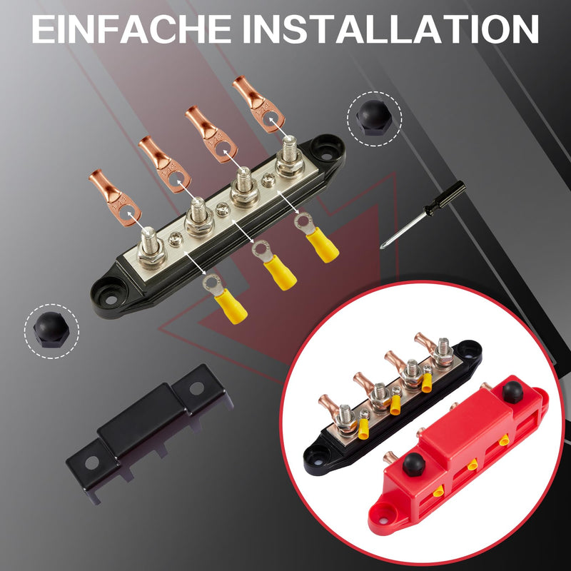 [AUSTRALIA] - Pindex M8 Busbar Distribution Block 250 AMP DC 12 V-48 V with 4 x M8 Terminal Bolts, M8 Power Distribution Block Bus Bar 12 V for Motorhomes, Ships, Yachts, Car RVs, Trucks 