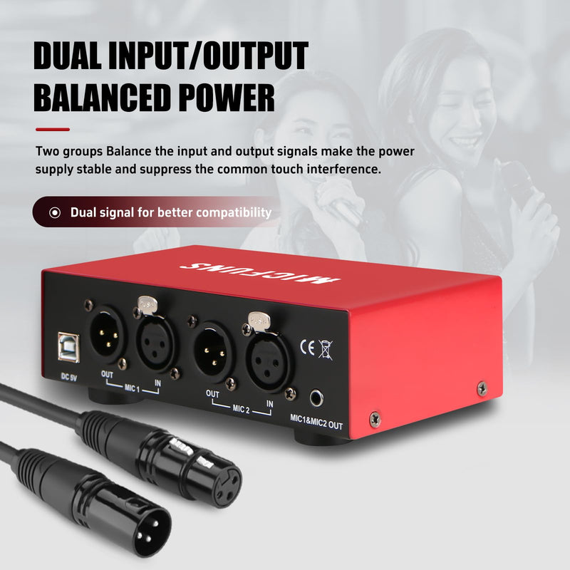 MC New 2 Channel 48V Phantom Power Supply with 3.5mm Audio Cable to Connect Audio Interface for Condenser Microphone Music Recording Equipment (MC2-new red) MC2-new red