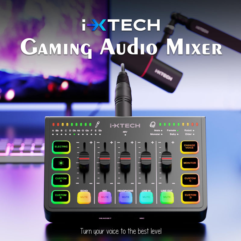 IXTECH Gaming Audio Mixer 4 Channel Soundboard, Streaming RGB PC Audio Interface with XLR Microphone Support, Audio Equalizer for Gaming Podcast Streaming Karaoke, Individual Volume Controls (Black) IX-MI-MIX01 Black