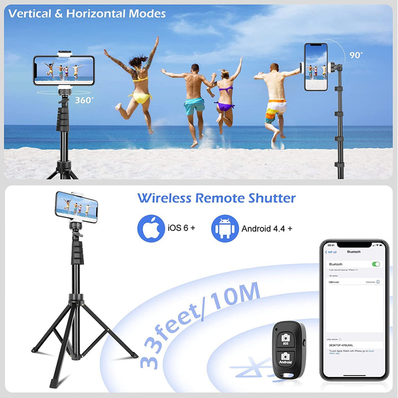 SENSYNE 62" Phone Tripod & Selfie Stick, Extendable Cell Phone Tripod Stand with Wireless Remote and Phone Holder, Compatible with iPhone Android Phone, Camera 62in Black