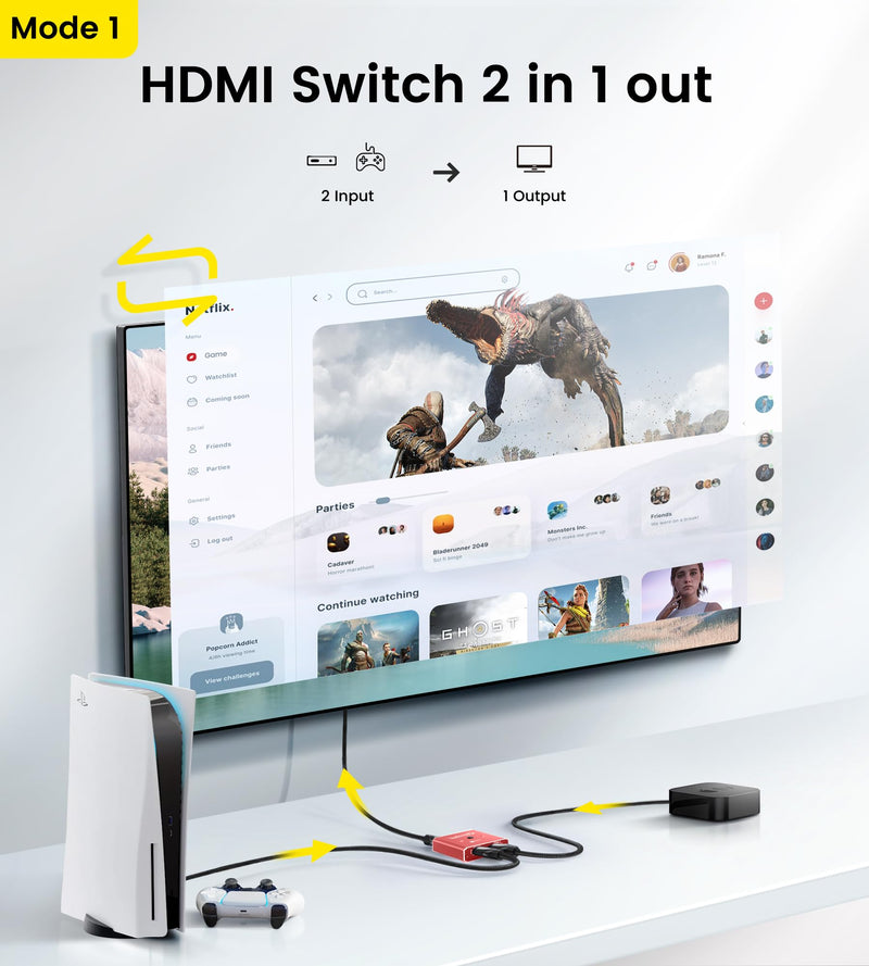 HDMI Switch 4K 120Hz, avedio links 8K HDMI 2.1 Switch Splitter 2 in 1 Out, Aluminum Alloy Bi-Directional Switcher Support Ultra HD 8K@60Hz 4K@144Hz High Speed 48Gbps (Red)