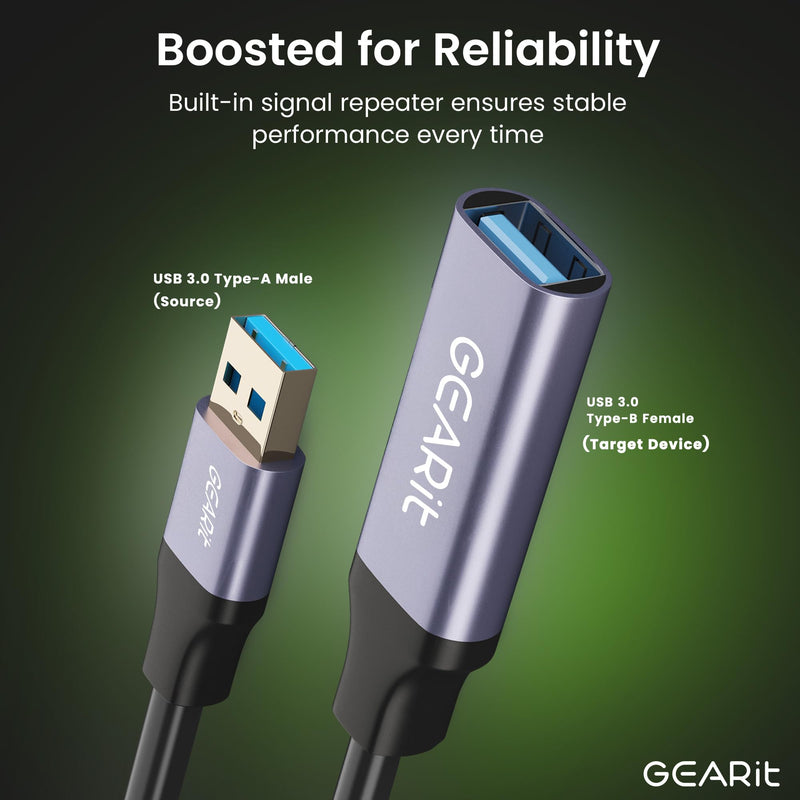 GEARit USB 3.0 Active Extension Cable (30 Feet) A-Male to A-Female USB Repeater with Signal Booster for Oculus Rift, Quest Link, Xbox 360 Kinect, PlayStation, Printer, Webcam - 30ft Black 30 Feet