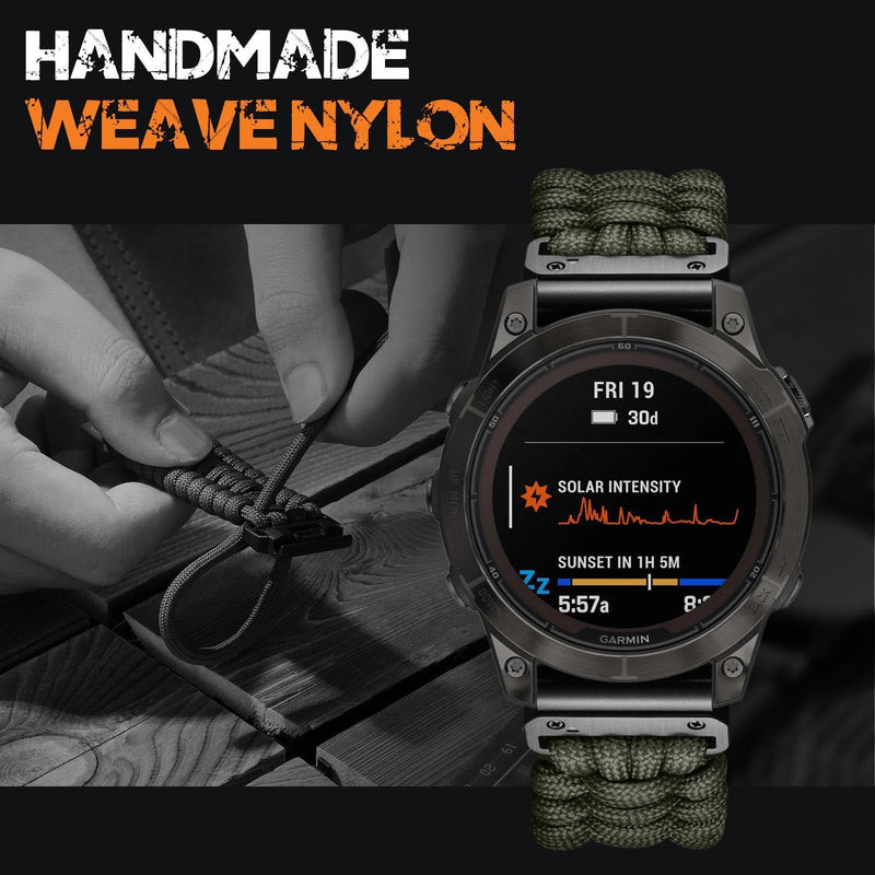 Bandletic Paracord Band Compatible with Garmin Watch Quick Fit 26mm | Hand-Woven 550 Paracord Build Softens with Wear, For Fenix 8 51mm/7X Pro/6X Pro/5X Plus/3 HR/Instinct 3 50mm/Tactix/Enduro Army Green Medium(6.3"-6.9")