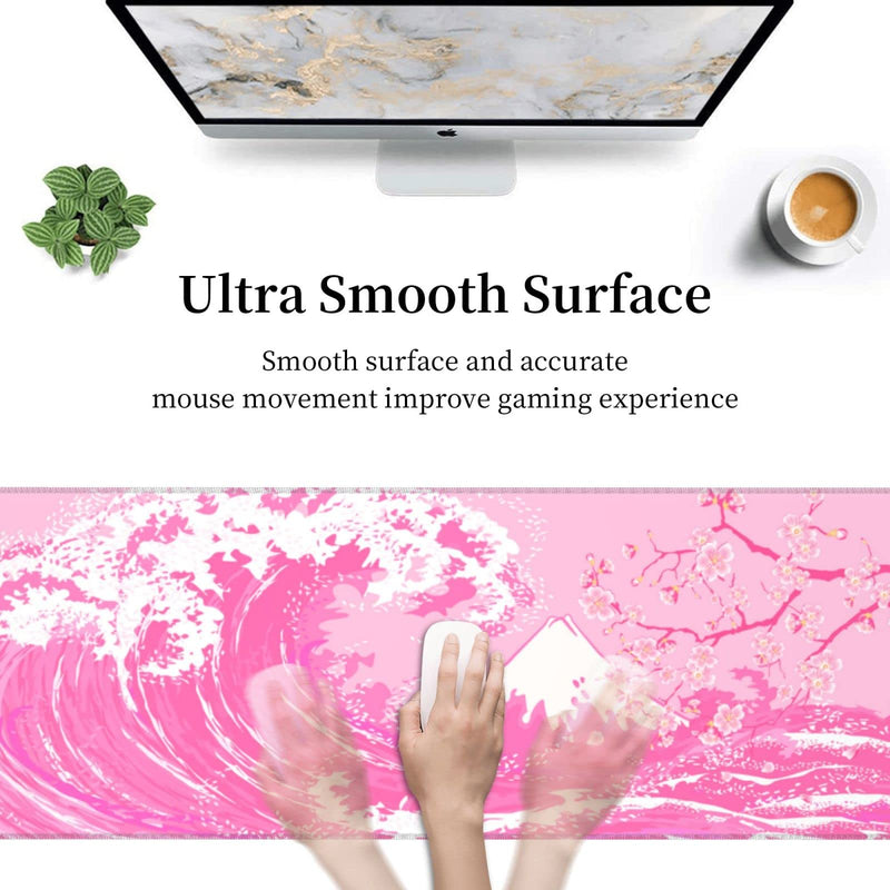 Pink Japanese Wave Cherry Blossom Gaming Mouse Pad XL, Large Non Slip Rubber Mousepad, Stitched Edges Desk Pad, Long Extended Mice Pad,31.5'' X 11.8'' Pink Japanese Wave Cherry Blossom