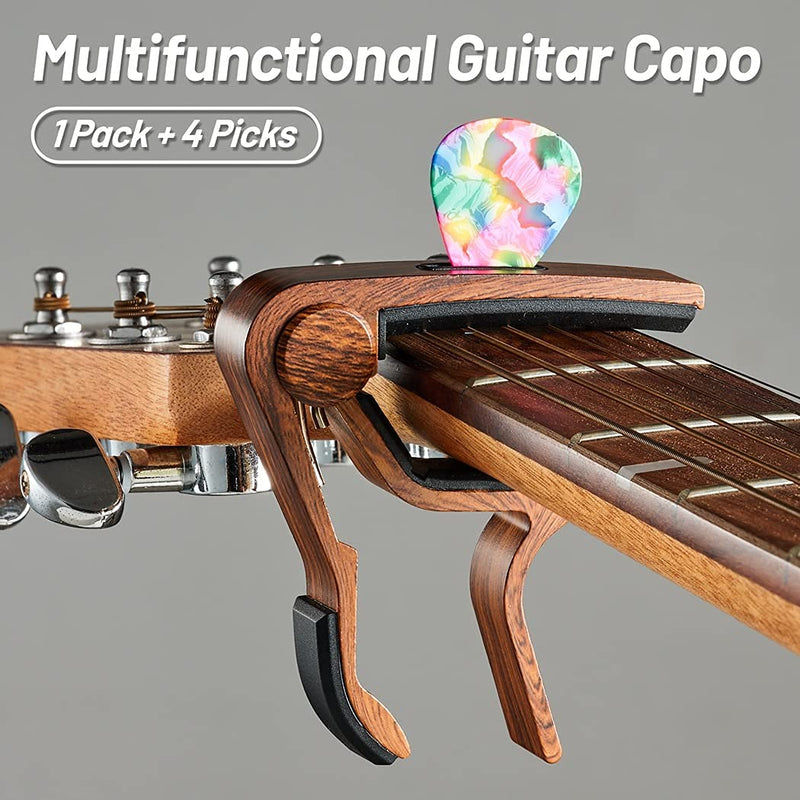 Guitar Capo, with Pick Holder Capo and Pick for Acoustic Electric Guitar,Ukulele Rosewood capo