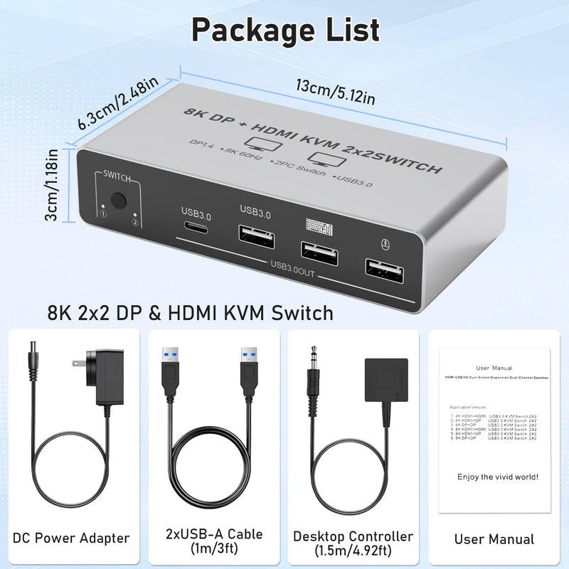 8K HDMI Displayport KVM Switch 2 Monitors 2 Computers | KVM Switcher with 4 USB 3.0 ports Share Keyboard, Mouse & Printer for 2 PC, Compatible with Laptops, Gaming Consoles and More