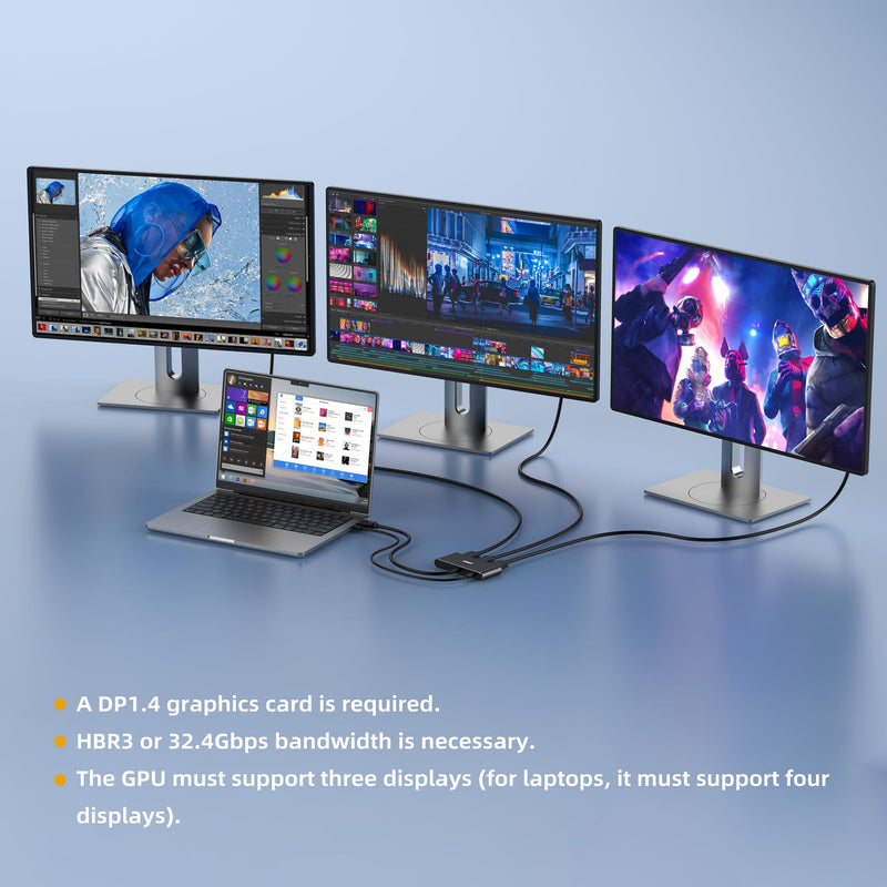 3-Port Displayport Splitter,DP1.4 to 3×DP Multi-Monitor Splitter,Single 8K, Dual 4K 120Hz,MST Displayport hub 1 in 3 Out,Windows Only