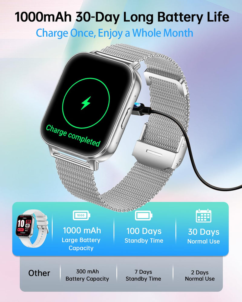Smart Watch for Women with Bluetooth Call, 1.85" Fitness Tracker, Silver | 1000mAh Long Battery Life, Heart Rate SpO2 Sleep Monitor, Health Cycle Tracker, 120+ Sports, 4 Bands, Android iOS Compatible