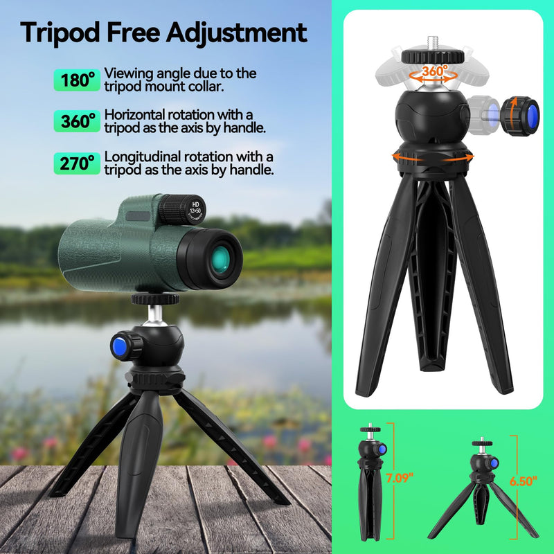12x50 HD Monocular for Adults High Powered with BAK4 Prism & FMC Lens,Lightweight with Smartphone Adapter, High Powered Monocular with Clear Low Light Vision for Star Watching, Bird Watching, Hiking Green