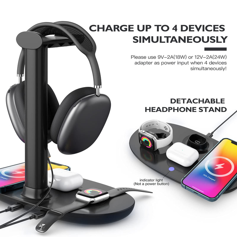 Headphone Stand with 15w Wireless Charger, Suguder 4 in 1 Qi Charging Station Headset Holder for AirPods Max/Pro/2 iWatch 7/6/5/4/3/2/1/SE iPhone 13/12/11/XS/XR/X/8 Series for Desktop Table Game,Black Black