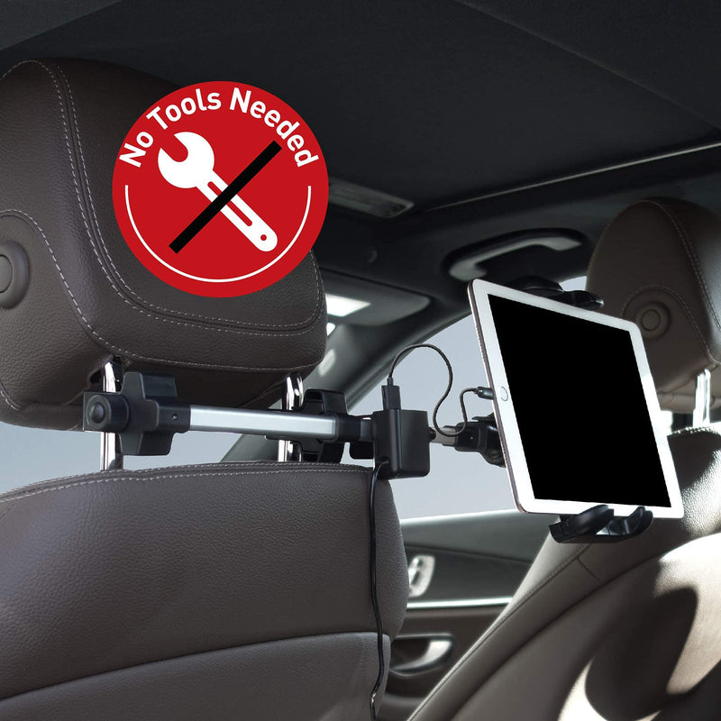 Macally Tablet Holder for Car Headrest with 4 Device USB Car Charger - Perfect Backseat iPad Car Mount for Kids - Universal Tablet & iPad Car Holder Back Seat 4.5” to 10” Wide Silver with Black