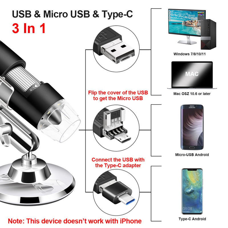 [AUSTRALIA] - USB Microscope Camera with Stand & Carrying Case, Cainda Digital Microscope Compatible with Android Windows Linux Mac, Portable Magnifier Camera for Kids Students Adults(Not for iPhone/iPad) Black 