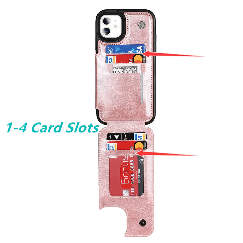 Jaorty for iPhone 11 Wallet Case with RFID Blocking Card Holder,7 Card Slots Heavy Duty Protective Bumper Armort PU Leather Magnetic Buttons Kickstand Case for iPhone 11 6.1 Inch,Macaron Rosegold 7 Card Slots-RoseGold