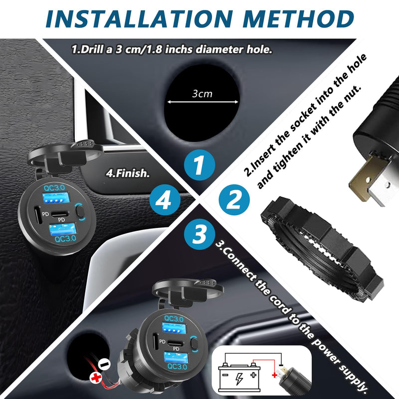 2PCS,Dual PD USB C Ports & Dual USB Quick Charge 3.0 Ports 12V USB Outlet with Switch, VANONE Waterproof and Dustproof Car Charger Socket, Accessories for Car Boat Marine Motorcycle RV ATV Golf Cart 2PCS-4PORT1SWITCH