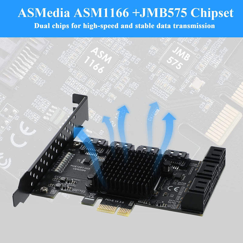 PCIE SATA 10Ports Card, PCI-E to SATA3.0 6Gbps, SATA Controller, PCI Express Expansion Card with 10 SATA Cable, Compatible with WIN8/WIN10/Ubuntu