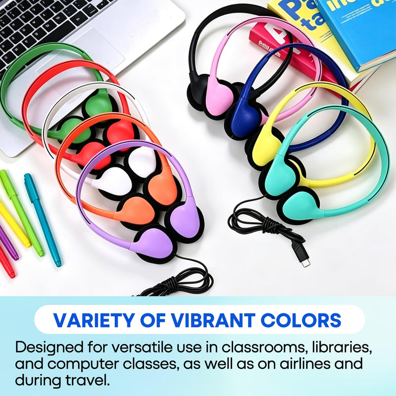 USB C Headphones Bulk 20 Pack for Classroom School Kids, Wholesale Durable On-Ear Headset for Students Teens, Compatible with Chromebook Laptop Tablet Smartphones (HY857C, 20 Mixed)