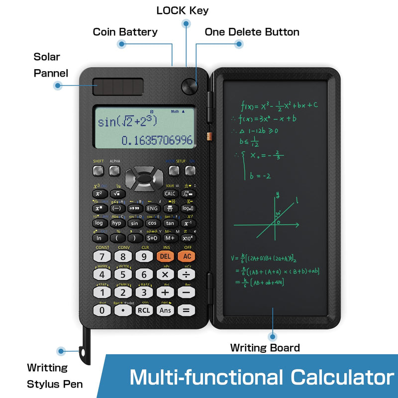 ROATEE Scientific Calculator for Student 991ES with Notepad School Supplies | 4-Line Display Calculator with LCD Writing Tablet, Battery Rechargeable Power Calculator Back to High College School Supplies Black