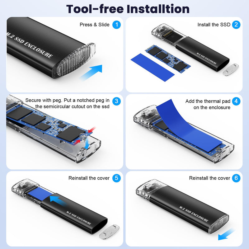 M.2 NVMe SATA SSD Enclosure, 10Gbps USB 3.1 GEN2 Support UASP Trim, Tool Free NVMe SATA SSD to USB-C Adapter Case for 2242/2260/2280