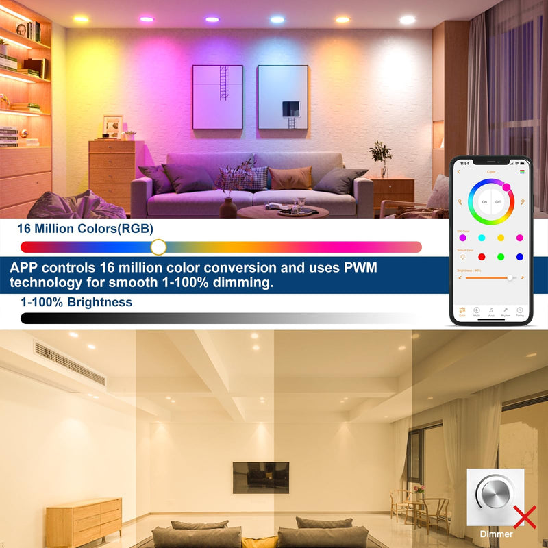 HYDONG Smart LED Recessed Spotlight, Flat 8 W LED Spotlights, 230 V, IP44 Bathroom Recessed Lights, 68 mm, Compatible with Alexa, Warm White & RGB Bluetooth Ceiling Spotlights, Colour Changing for Red / Green / Blue