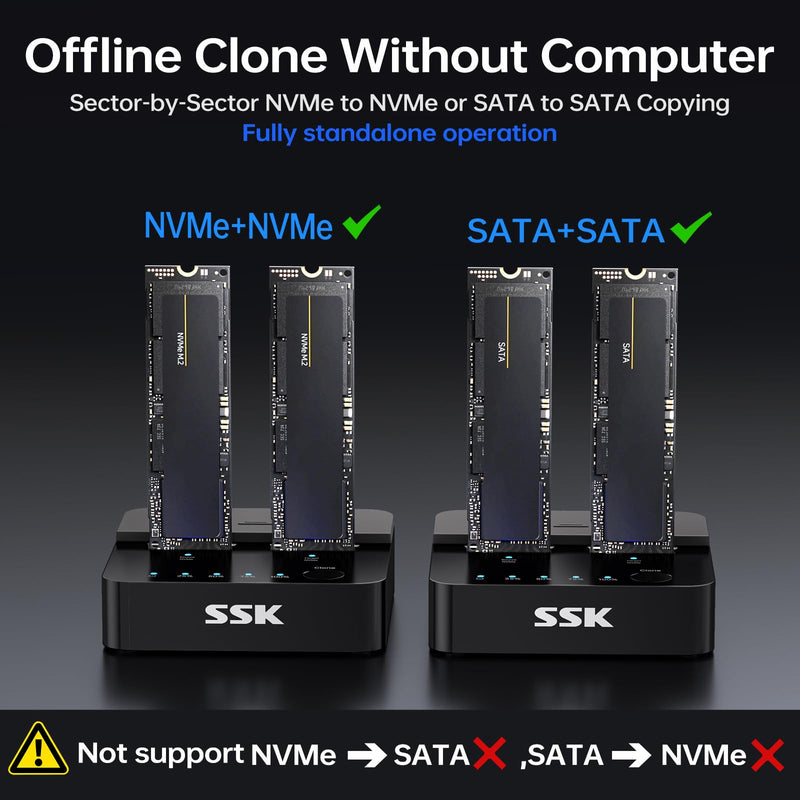 SSK NVMe & SATA SSD Cloner M.2 Duplicator Dual Bay Dock SSD to USB Adapter | For NVMe & SATA SSD, M Key/B+M Key, 10Gbps USB3.2 Gen 2, Offline Clone Duplicator, PCIe 3/4/5, Tool-Free, UASP Trim