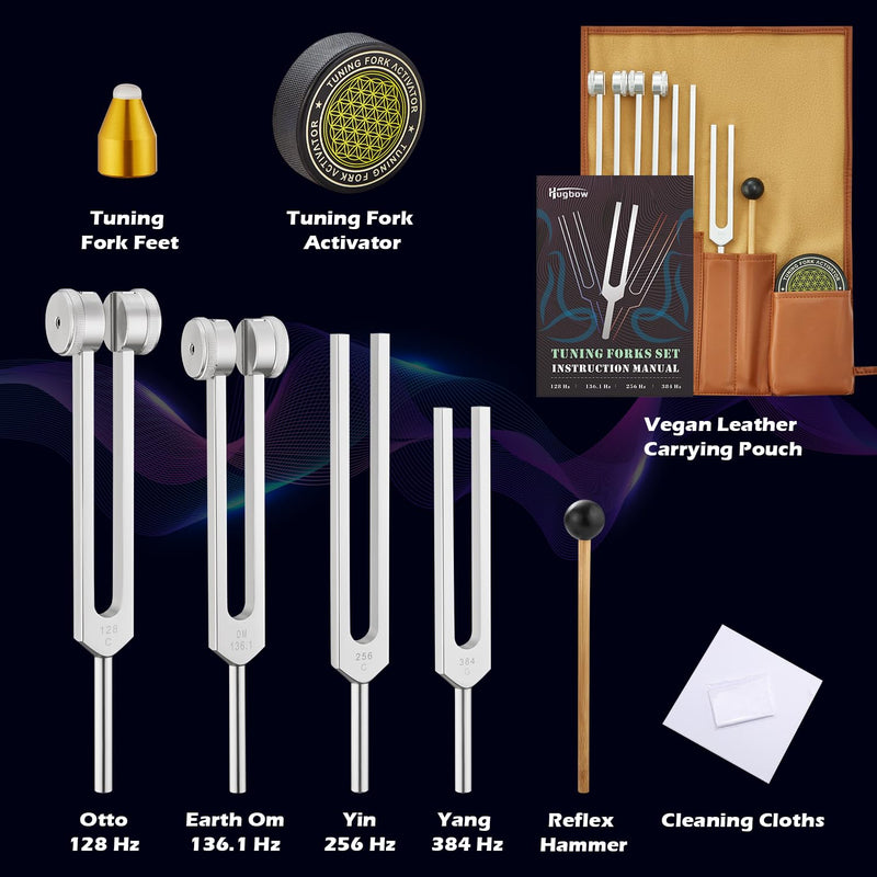 [AUSTRALIA] - Tuning Forks for Healing, Aluminum Alloy Tuning Fork 128Hz, 136.1Hz, 256Hz, 384Hz, Hockey Puck Activator & feet, Weighted & Unweighted Tuning Fork Set with Vegan Leather Pouch 4PCS Silver 