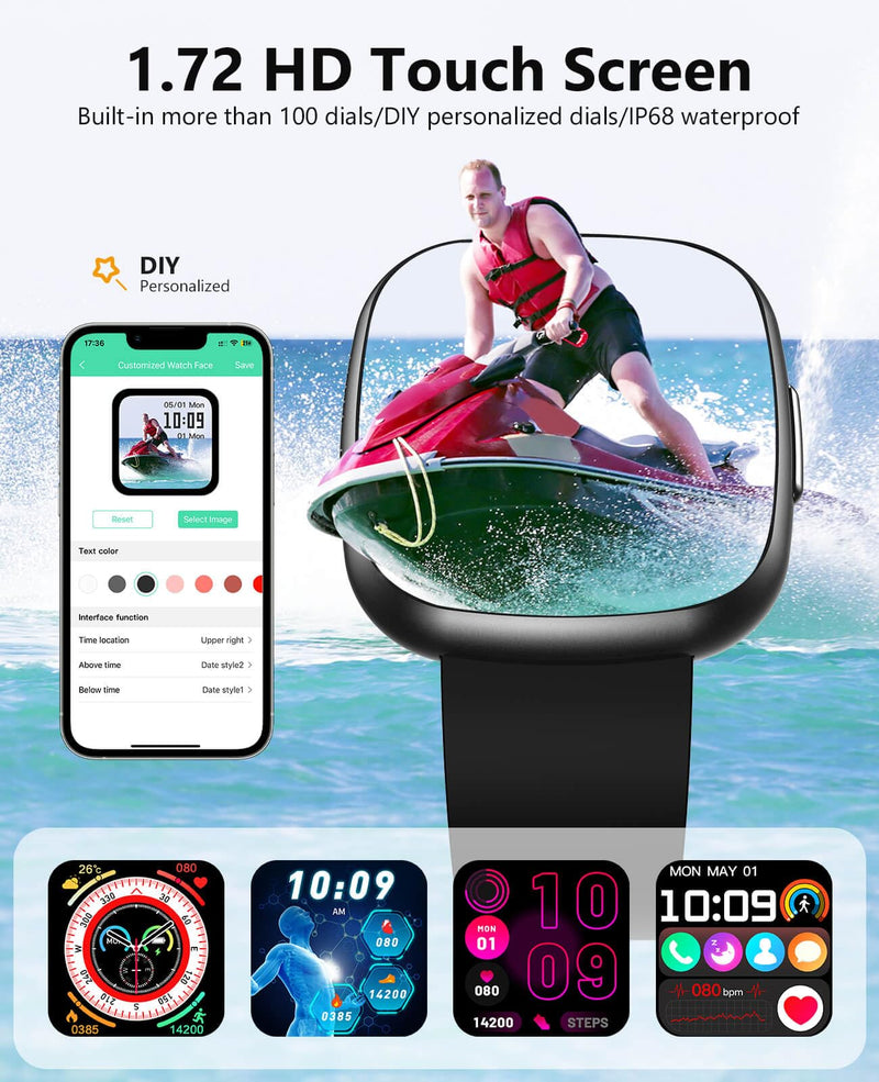 Smart Watches, 1.72" Smartwatch for Men Women (Answer/Make Call), Fitness Tracker with 100+ Sport Modes, IP68 Waterproof, Heart Rate/Sleep/Spo2 Monitor, Activity Tracker for Android iOS Black