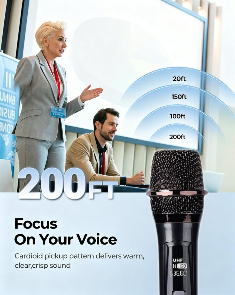 UHF Wireless Karaoke Microphone, Handheld Mics System,200 Feet | UHF stable signal, 2 rechargeable mics, plug & play receiver, 1/4" & 3.5mm output, for karaoke singing speech wedding party