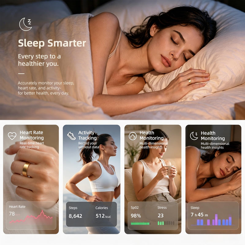 Smart Ring Health Ring Fitness Tracker with 24/7 Sleep Tracking Activity Tracker Step Counter Calorie Fitness Ring for Women & Men iOS & Android (Gold, 8) Gold