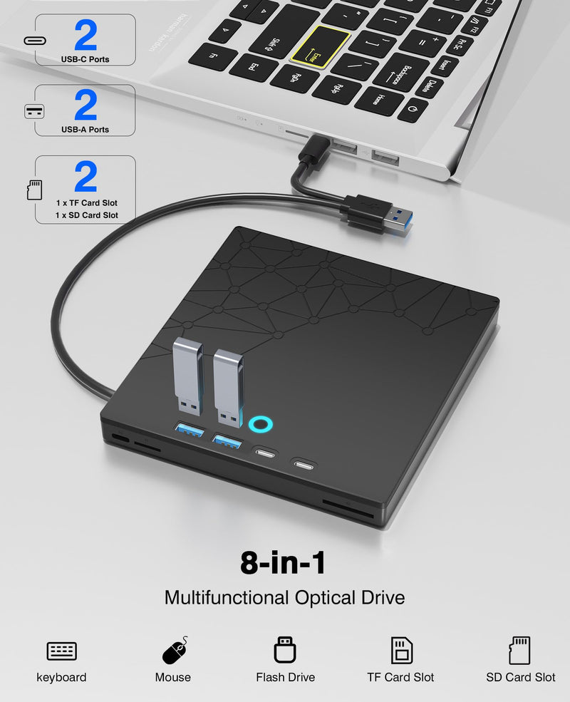 External CD/DVD Drive for Laptop, DVD Burner CD Reader for Laptop, 8-in-1 USB 3.0 Portable CD Players with SD/TF Ports, External Disk Drive Optical for MacBook Windows 11 10 PC Linux (Black with bag) Black with bag