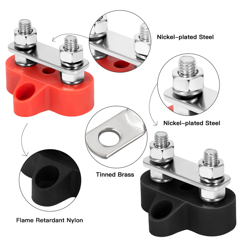 QIMEI-SHOP Dual Connection Bolts M6 Battery Terminal Blocks 12V-48V Battery Power Distribution Clamp Block Busbar for Car Truck RV Boat Black and Red Pack of 2 Dual M6